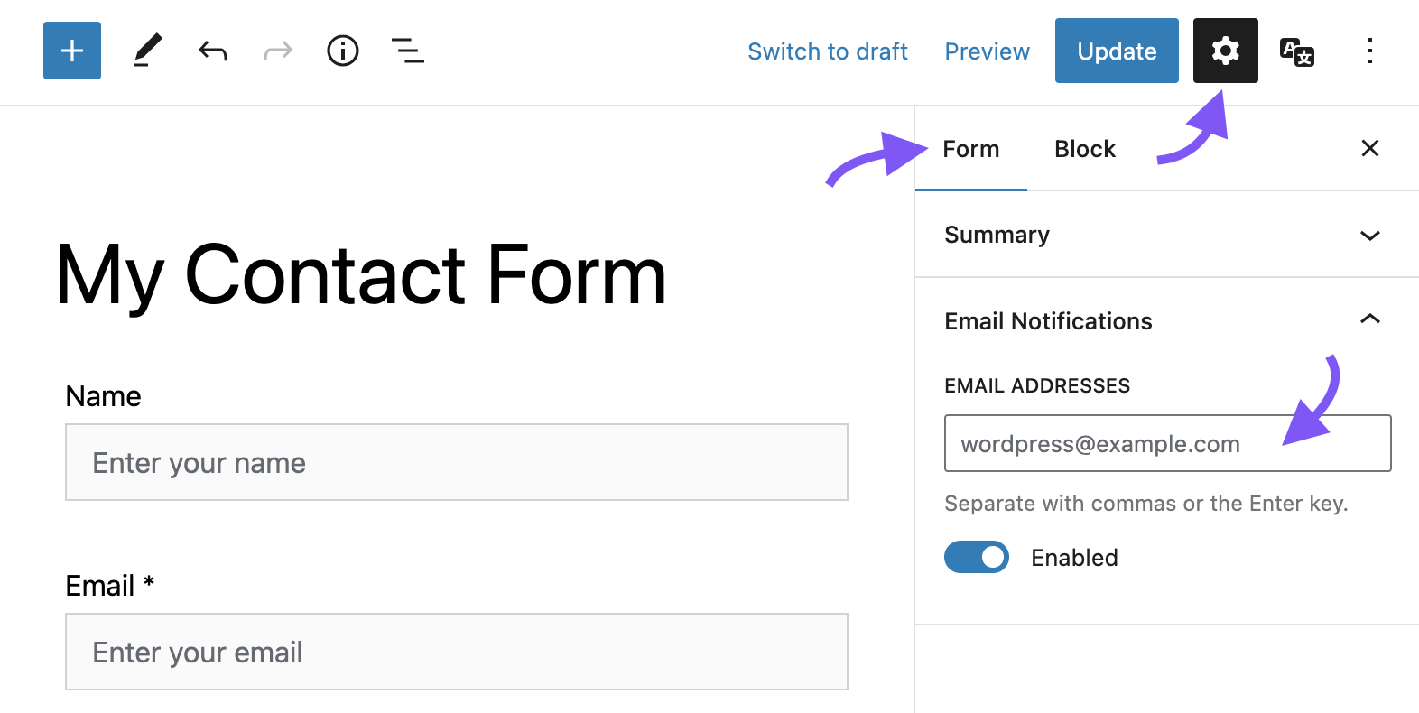 Add email address to your form