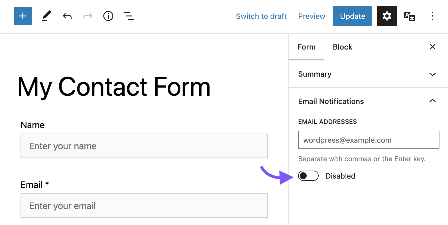 Disable email notifications for a form